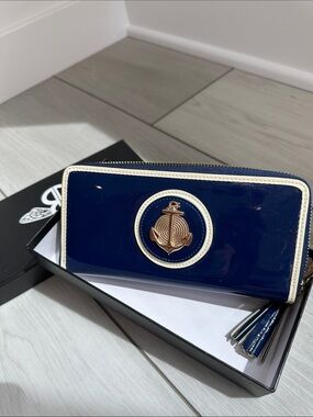 Patent Navy Zip-Around Wallet with Gold Anchor Accent